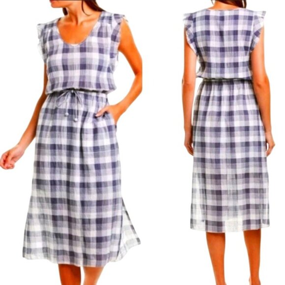 LILLA P Women M Cotton Gingham Blue Midi Gauze Sundress Flutter Sleeve W/ Pocket - Picture 1 of 16